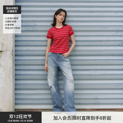 【经纬勋章】BiLLconch原创正肩红白条纹徽章刺绣短t恤显瘦上衣