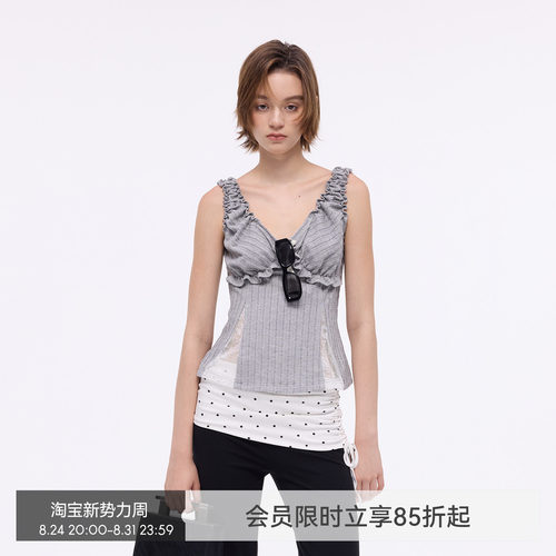 【织梦芭蕾】BiLLconch灰色蕾丝拼接吊带背心女修身显瘦两穿上衣