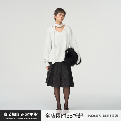 【流银叙事】BiLLconch羊毛混纺V领上衣自带围巾造型感保暖毛衣女