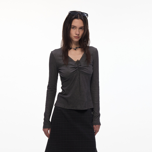 BiLLconch抽褶V领绑带长袖 T恤女显瘦设计感打底衫 雾染绑带