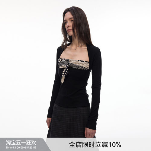 【叠影波点】BiLLconch设计感长袖t恤波点拼接假两件长袖上衣女