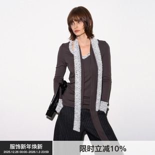 T恤v领修身 BiLLconch多领带豹纹拼接长袖 百搭上衣女 野性优雅