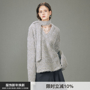 上衣 Berlinconch原创v领围巾毛衣女针织开身衫 金厘银丝