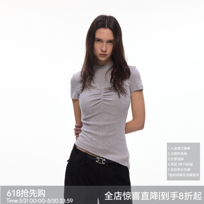 【女神轮廓】BiLLconch半高领胸部抽褶短袖T恤女100%棉修身上衣