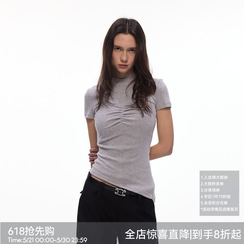 【女神轮廓】BiLLconch半高领胸部抽褶短袖T恤女100%棉修身上衣