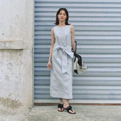 【双生海雾】BiLLconch雾蓝蝴蝶结无袖牛仔连衣裙收腰显瘦长裙夏