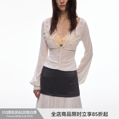 【晨雾花园】BiLLconch白色手工订花针织开衫修身薄款纯欲风上衣