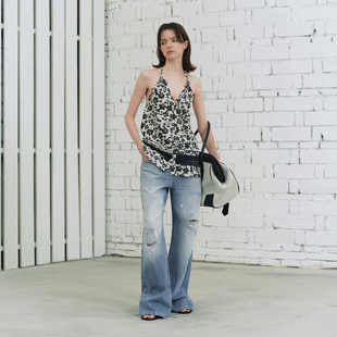 BiLLconch原创重磅破洞牛仔裤 蓝色水波纹阔腿长裤 夏 漆浪公约