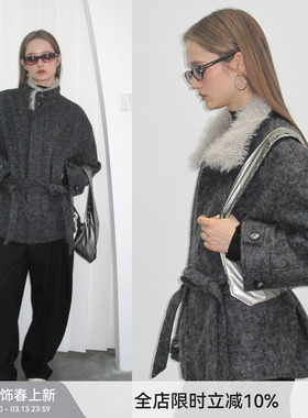 【翻领呢大衣】BiLLconch灰色毛领羊毛大衣外套宽松中长2025秋冬