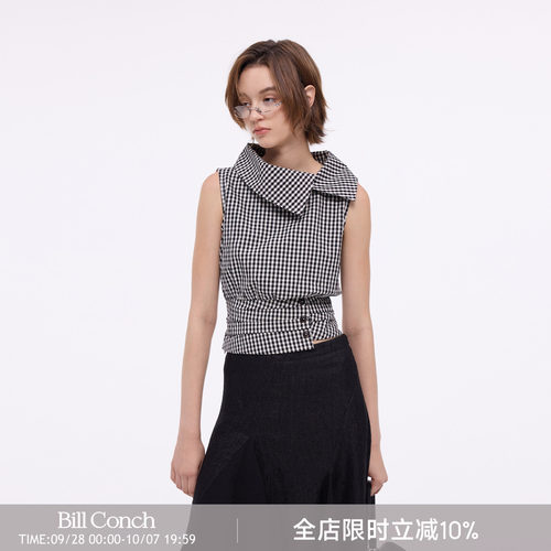 【格纹序曲】BiLLconch复古格子斜领上衣女100%纯棉收腰显瘦衬衫