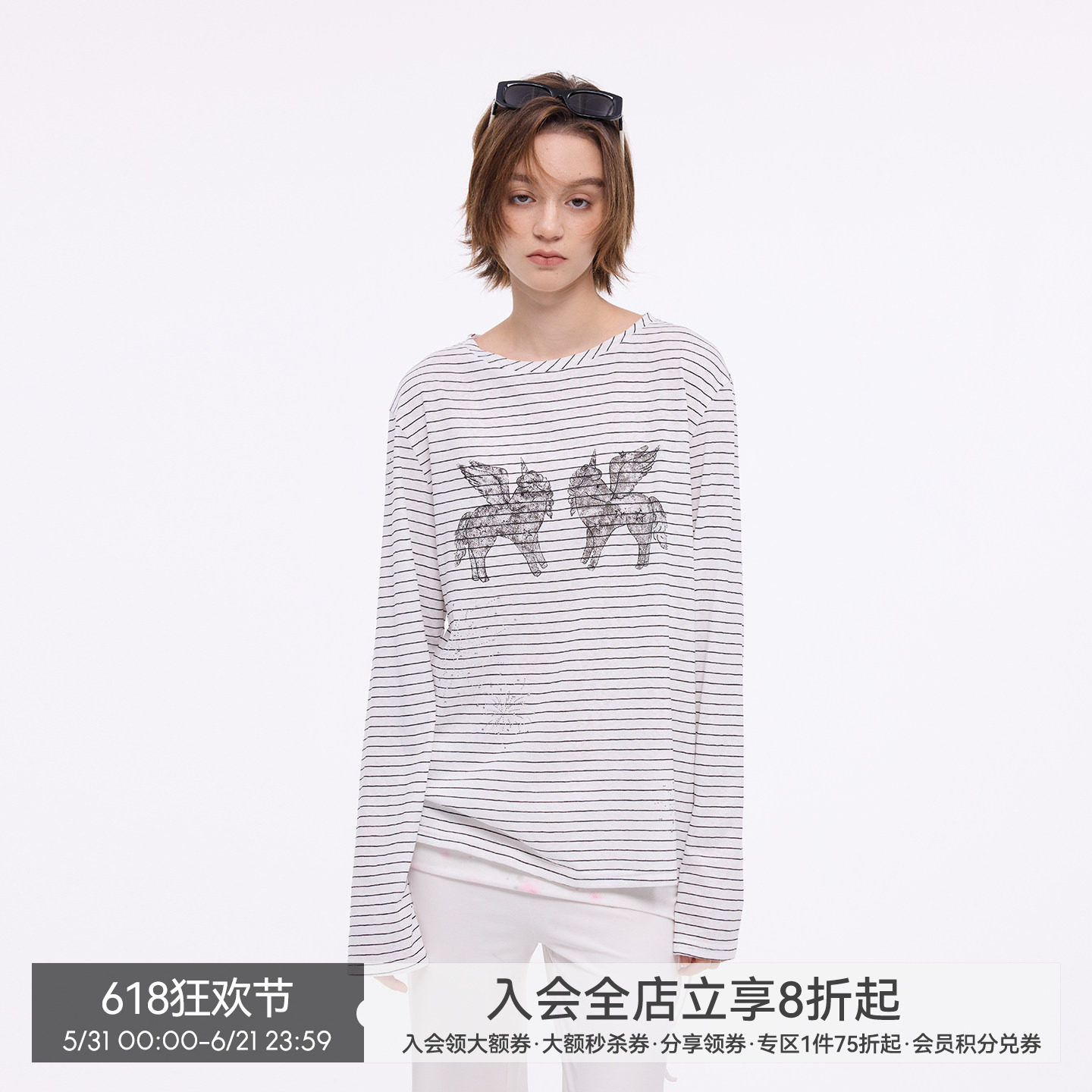 【烟花小马】BiLLconch烫钻条纹长袖t恤女小马印花薄款罩衫上衣