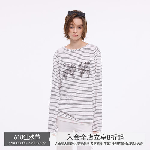 【烟花小马】BiLLconch烫钻条纹长袖t恤女小马印花薄款罩衫上衣