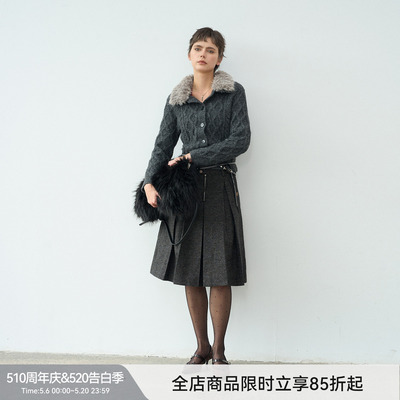 【漫步常青藤】BiLLconch羊毛混纺彩点肌理感半裙A字廓形百褶裙女