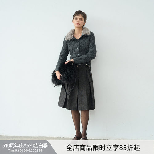 【漫步常青藤】BiLLconch羊毛混纺彩点肌理感半裙A字廓形百褶裙女