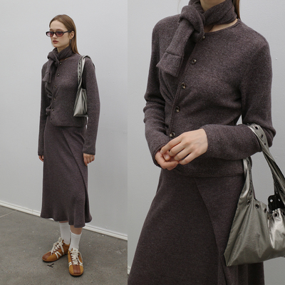 Billconch针织斜搭带围巾开衫