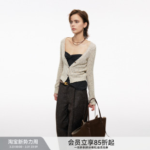 奶杏色基础百搭短款 BiLLconch花纱V领针织开衫 上衣 V领开衫