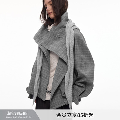 【都市漫行家】BiLLconch高智感·灰色格纹翻领格子外套披肩风衣