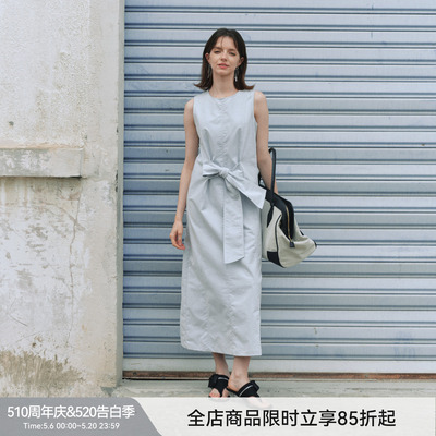 【双生海雾】BiLLconch雾蓝蝴蝶结无袖牛仔连衣裙收腰显瘦长裙夏