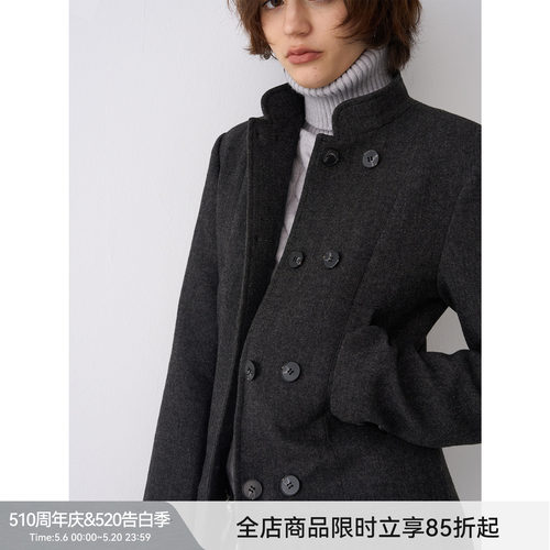 【赫本记忆】BiLLconch黑色经典立领毛呢外套收腰显瘦西装大衣女