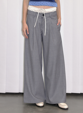 【羊毛混纺】Berlinconch灰色条纹西裤双层腰拼接抽绳设计休闲裤