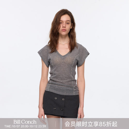 【钻石微光】BiLLconch设计感镶钻v领短袖t恤女拼接显瘦上衣夏季