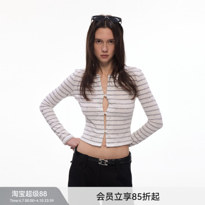 【闪闪星】BiLLconch灰白条纹星星短款上衣露脐辣妹风针织开衫女