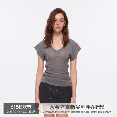 【钻石微光】BiLLconch设计感镶钻v领短袖t恤女拼接显瘦上衣夏季