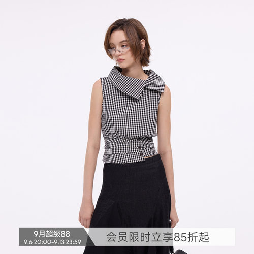 【格纹序曲】BiLLconch复古格子斜领上衣女100%纯棉收腰显瘦衬衫