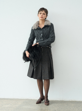 【漫步常青藤】BiLLconch羊毛混纺彩点肌理感半裙A字廓形百褶裙女