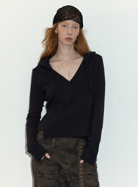 【百搭实穿】Berlinconch黑色V领连帽针织衫女开衫上衣2024年秋冬