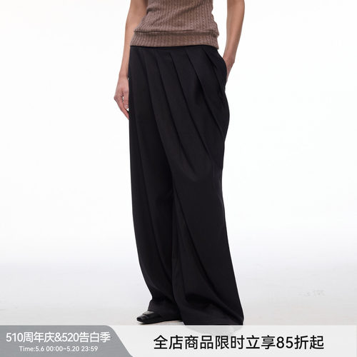 【巴黎夜褶】BiLLconch极简风黑色垂感阔腿裤打褶设计感西装裤女