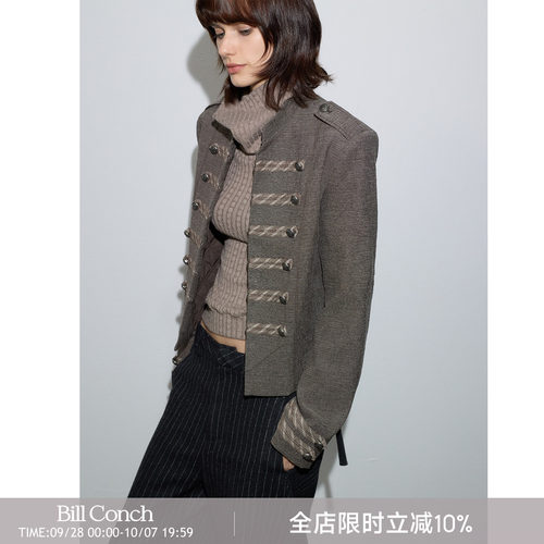 【拿破仑旧影】BiLLconch羊毛内里复古外套女棕色重工立领夹克秋