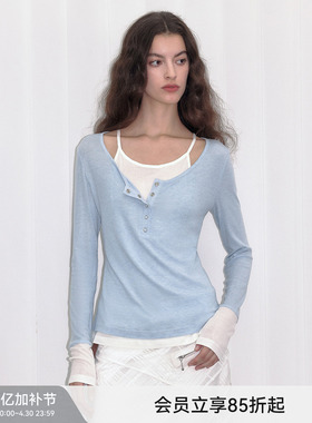 【天丝羊毛】Berlinconch蓝色假两件针织衫吊带拼接T恤上衣春夏