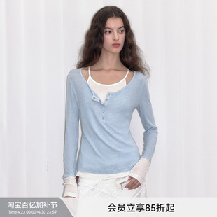 【天丝羊毛】Berlinconch蓝色假两件针织衫吊带拼接T恤上衣春夏