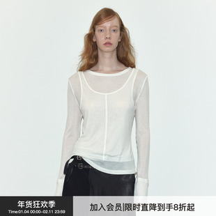 【天丝打底】Berlinconch假两件圆领长袖白色针织上衣2025年春夏