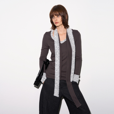 【野性优雅】BiLLconch多领带豹纹拼接长袖T恤v领修身百搭上衣女