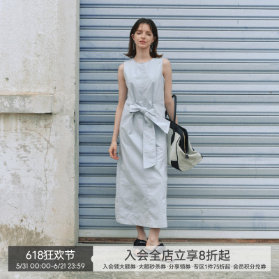 【双生海雾】BiLLconch雾蓝蝴蝶结无袖牛仔连衣裙收腰显瘦长裙夏