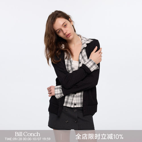 【错格绞花】BiLLconch假两件格子拼接衬衫复古撞色长袖针织外套