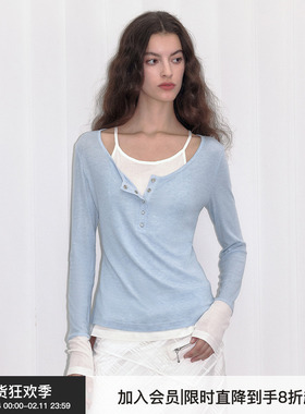 【天丝羊毛】Berlinconch蓝色假两件针织衫吊带拼接T恤上衣春夏
