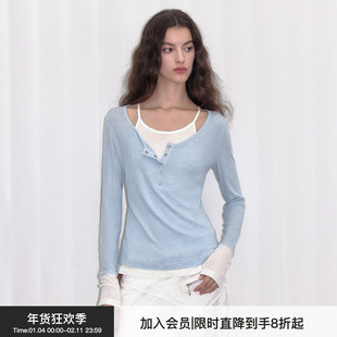 【天丝羊毛】Berlinconch蓝色假两件针织衫吊带拼接T恤上衣春夏