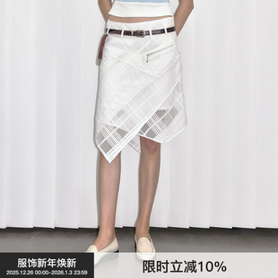 Berlinconch白色不规则格子半裙辣妹拼接高腰a字裙 解构活页