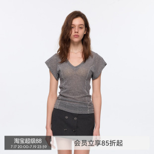 【钻石微光】BiLLconch设计感镶钻v领短袖t恤女拼接显瘦上衣夏季
