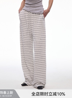 【闪闪星】BiLLconch灰白条纹休闲阔腿裤女松紧腰垂感拖地长裤