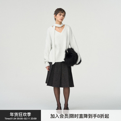 【流银叙事】BiLLconch羊毛混纺V领上衣自带围巾造型感保暖毛衣女