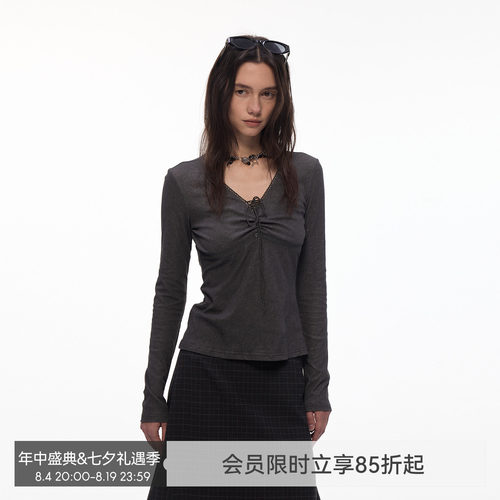 【雾染绑带】BiLLconch抽褶V领绑带长袖T恤女显瘦设计感打底衫