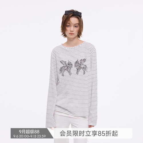 【烟花小马】BiLLconch烫钻条纹长袖t恤女小马印花薄款罩衫上衣