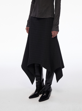 【偏锋格律】BiLLconch暗黑格纹不规则半身裙女百搭中长款a字裙
