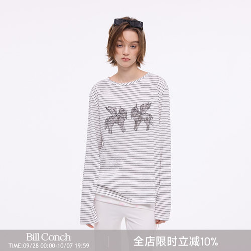 【烟花小马】BiLLconch烫钻条纹长袖t恤女小马印花薄款罩衫上衣