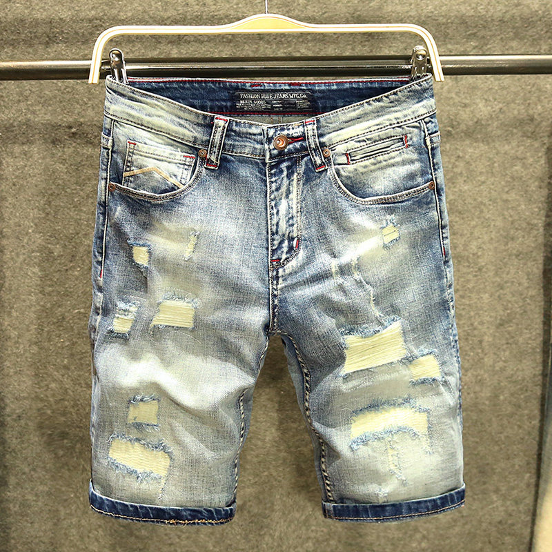 夏季蓝色破洞牛仔短裤男修身潮乞丐五分裤子韩版青年个性中裤薄款