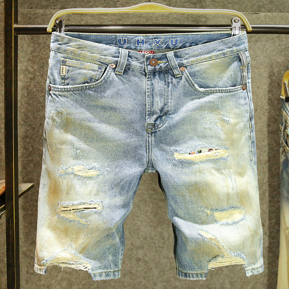 潮牌破洞牛仔短裤男复古做旧刮烂乞丐五分裤夏季时尚百搭牛仔中裤